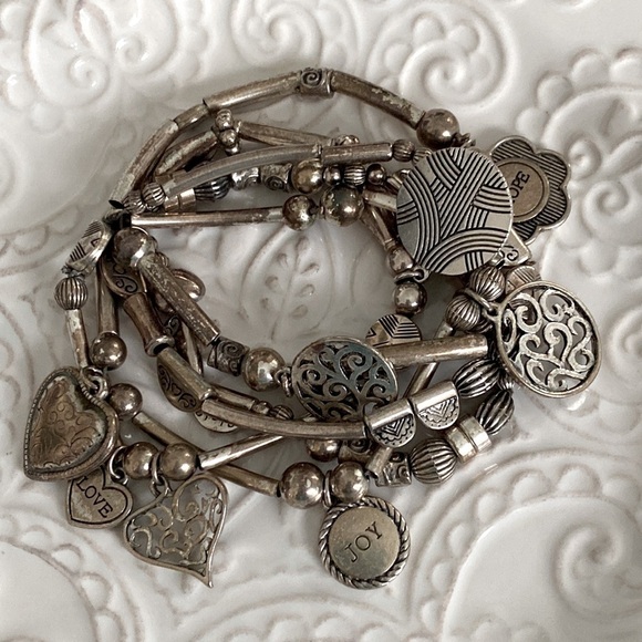 Lia Sophia Menagerie Charm Stretch Multi Strand Matte Silver Bracelet Bohemian - Picture 8 of 11